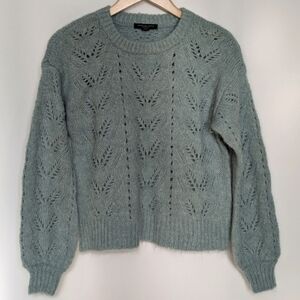 AE Pointelle Cropped Fit Fuzzy Sweater Open Knit Heathered Blue-Green Small NWT
